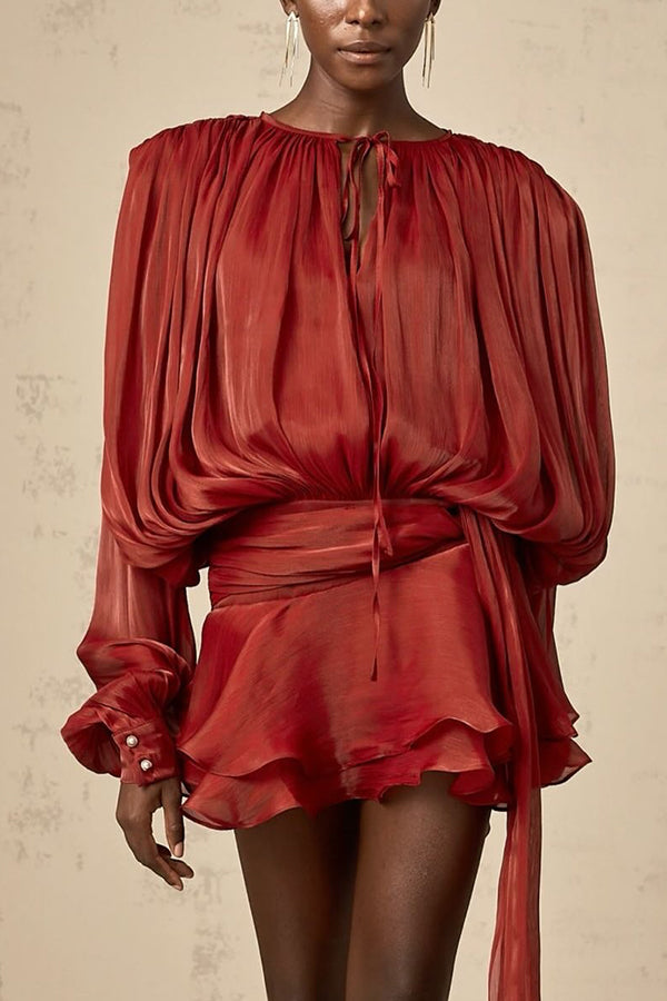 Solid Color Long-sleeved Belted Asymmetrical Mini Dress and Elastic Waist Casual Shorts Set-consonak