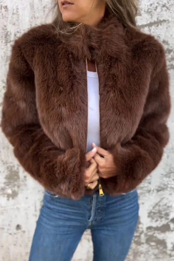 Stylish Faux Fur Turtleneck Zipper Casual Jacket | Consonak