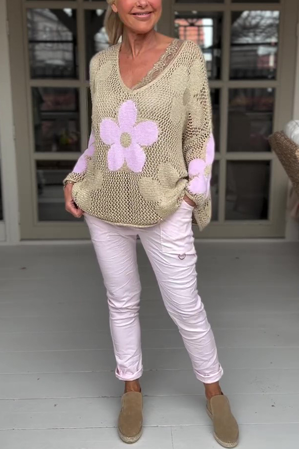 Embroidered Flower Hollow Long-sleeved Holiday Loose Knitted Top-consonak