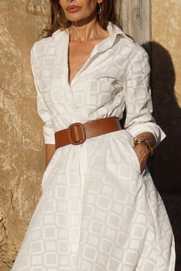 Check Print Belt Button Pocket Long Sleeve Midi Dress-consonak