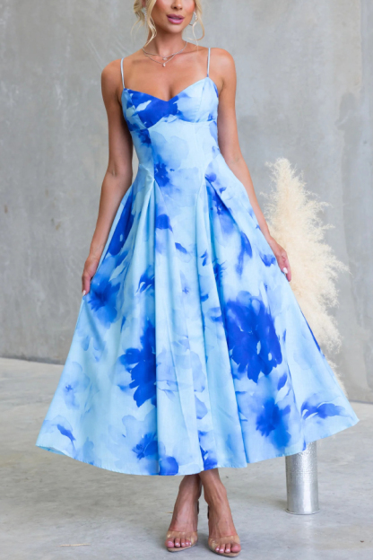 Floral Print Spaghetti Strap Backless Holiday Maxi Dress-consonak