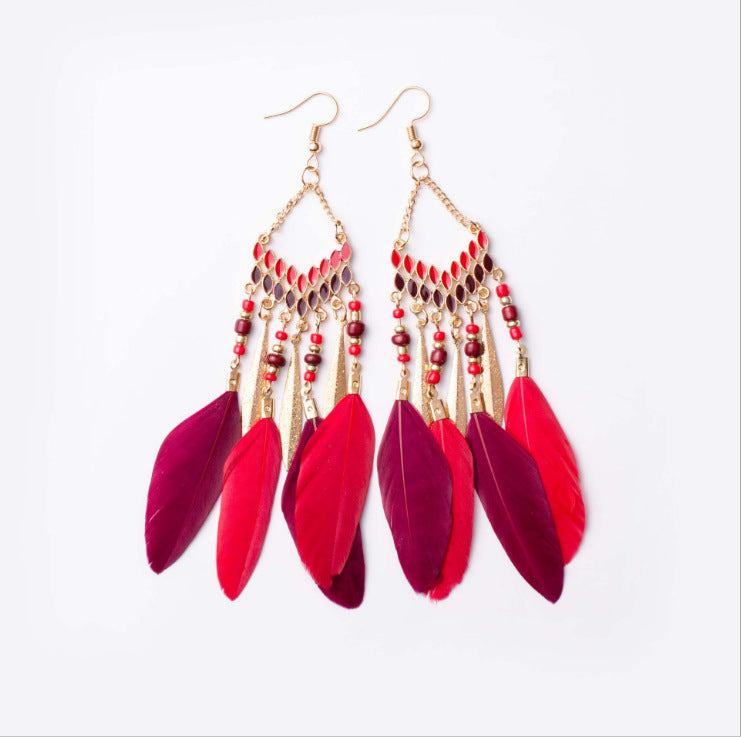 Vintage chain tassel bohemian feather earrings-consonak