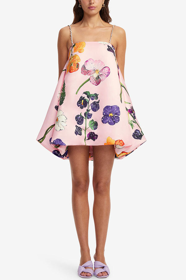 Whimsical Charm Wildflowers Print Embellished Shoulder Straps Bubble Hem A-line Mini Dress-consonak