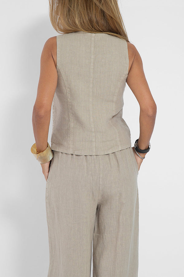 Eddie Linen Blend Button Vest and Elastic Waist Pocketed Wide Leg Pants Set-consonak
