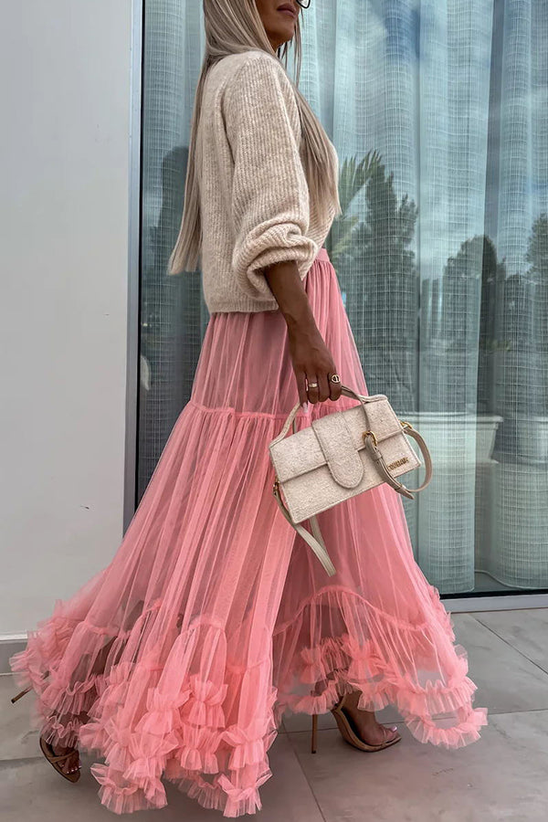 Elegant Tulle Stretch Waist Paneled Pleated Maxi Skirt-consonak