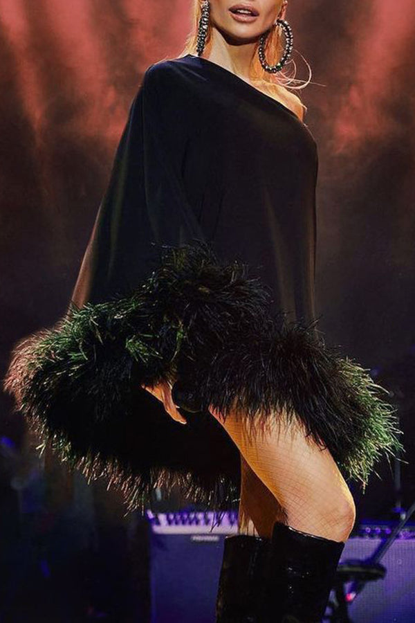 Vegas Living One Shoulder Feather Hem Party Mini Dress-consonak