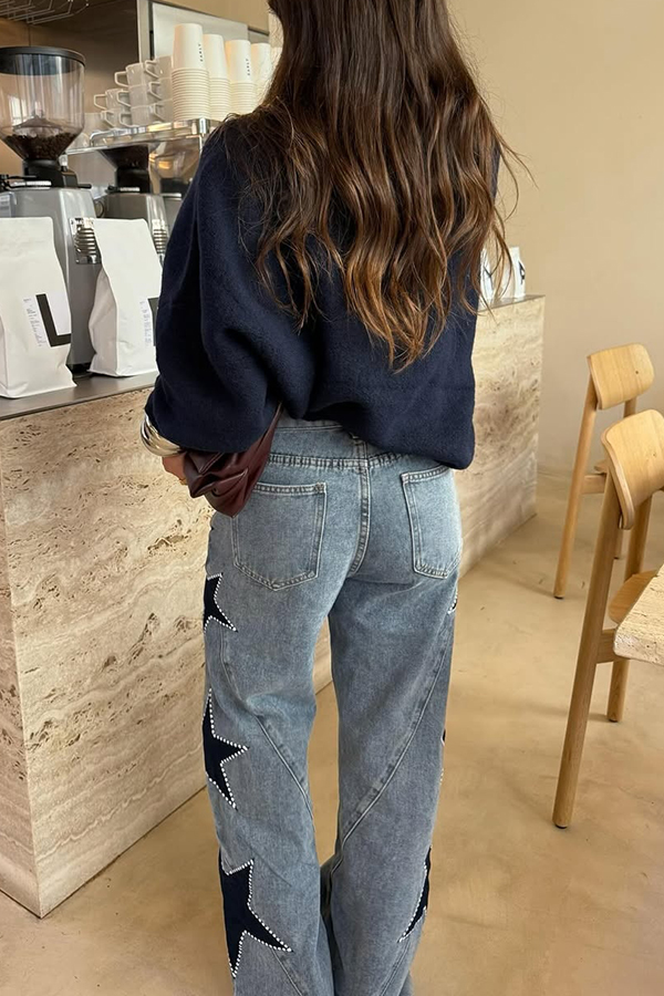 Jessy Denim Mid Rise Side Star Pattern Pocket Wide Leg Jeans | Consonak
