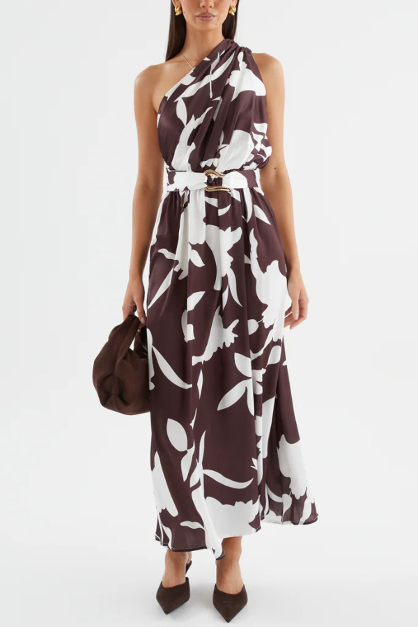 Unique Printed One-Shoulder Belt Casual Holiday Maxi Dress