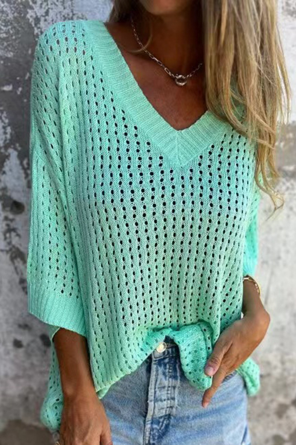 Fashionable Hollow V-neck Long-sleeved Casual Loose Knitted Top-consonak