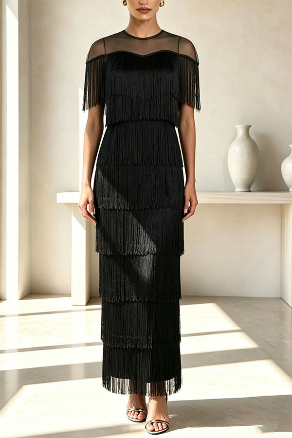Elowyn Mesh Tiered Tassel Patchwork Round Neck Cape Sleeve Midi Dress-Consonak
