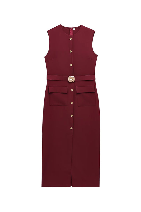 Danina Button Up Sleeveless Metal Belted Pocket Stretch Midi Dress-consonak