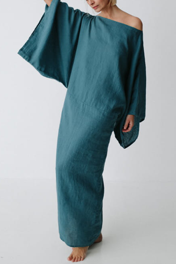 Stacie Linen Blend Wide Neck Batwing Sleeves Tie-up Waist H-line Maxi Dress