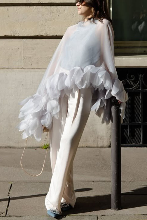 Cleo Sheer Hand-crafted Floral Petal Trim Back Tie-up Loose Cape