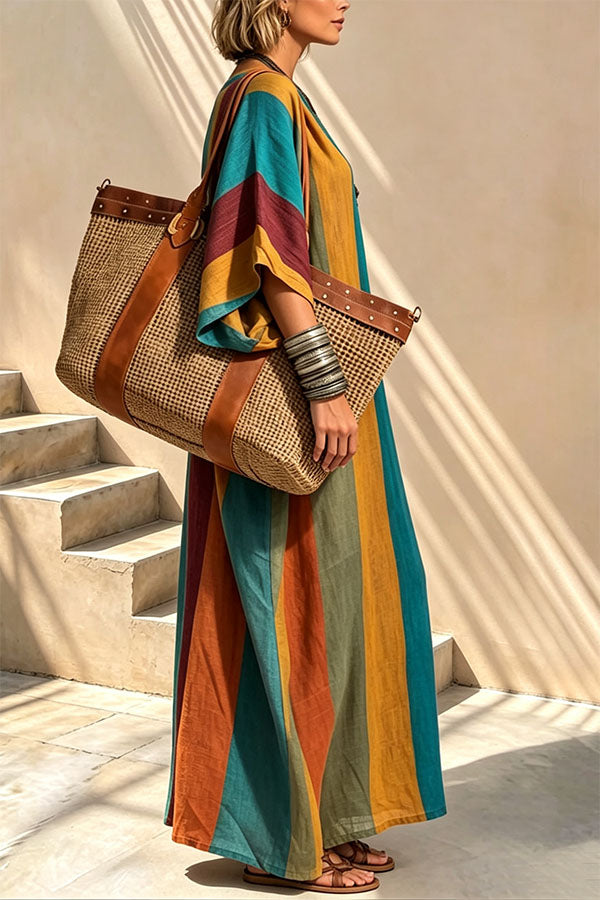 Nomad Stripe Oversized Linen Maxi Dress-Consonak