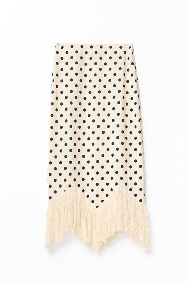Verrah Linen Blend Polka Dot Print Tassel Trim Elastic Waist Maxi Skirt