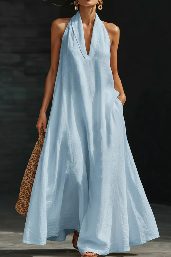 Linen Blend Solid Color Loose V-neck Pocket Casual Maxi Dress | Consonak