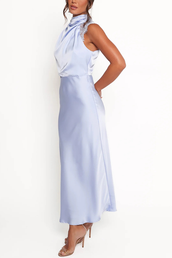 Touch of Allure Satin Drape High Neck Lace Detail Maxi Dress