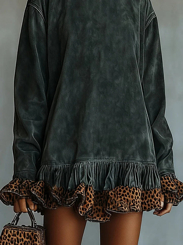 Fashionable Leopard Print Patchwork Loose Turtleneck Long-sleeved Casual Mini Dress-consonak