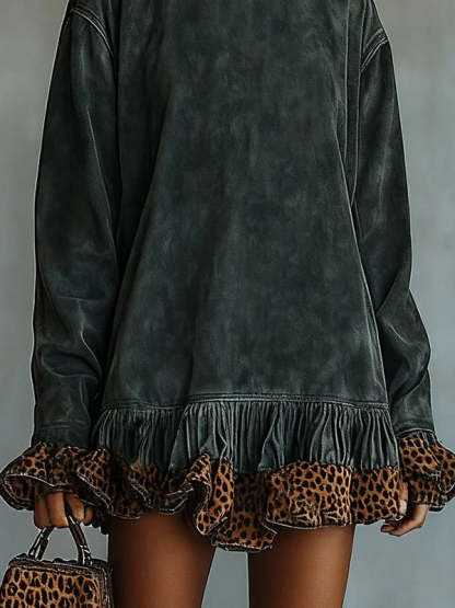 Fashionable Leopard Print Patchwork Loose Turtleneck Long-sleeved Casual Mini Dress-consonak