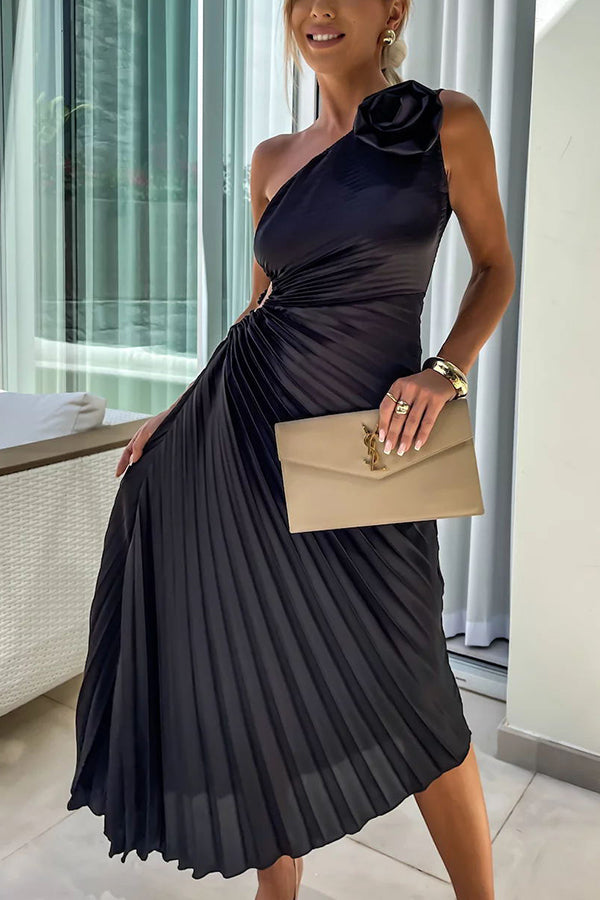 Romantic Nights Satin Raised Flower Elastic Cutout One Shoulder Pleated Maxi Dress-consonak