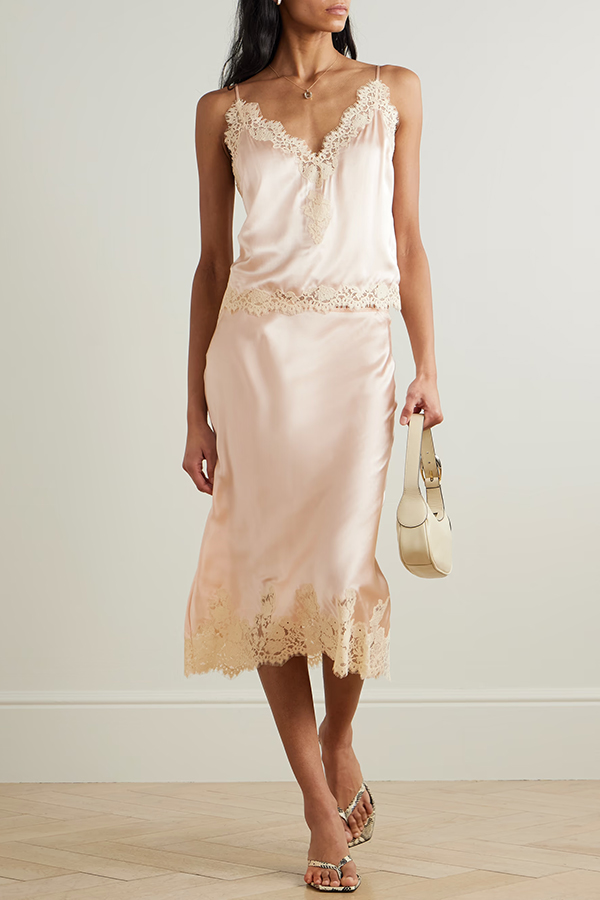 Celebration Look Contrast Color Satin Lace Trim Elastic Waist Drape Midi Skirt | Consonak
