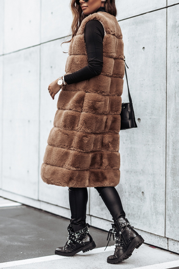 Solid Color Fur Round Neck Sleeveless Midi Vest Jacket-consonak