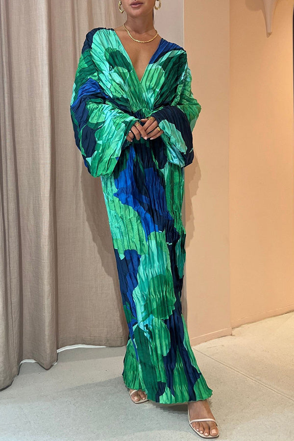 Tropical Oasis Capri Print Kimono Sleeve Pleated Cocoon Maxi Dress-consonak