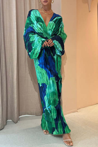 Tropical Oasis Capri Print Kimono Sleeve Pleated Cocoon Maxi Dress-consonak