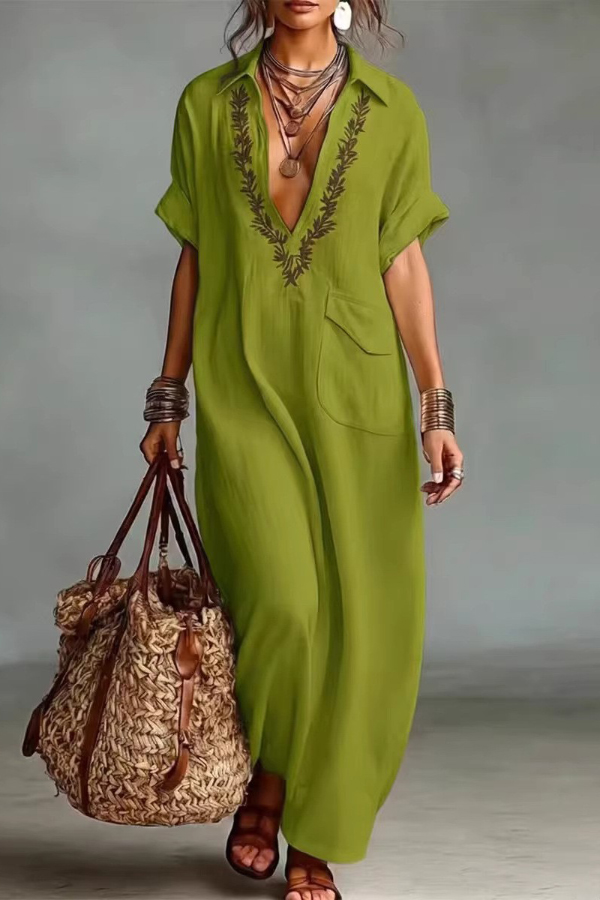 Linen Blend Embroidered V-neck Pocket Casual Loose Maxi Dress | Consonak