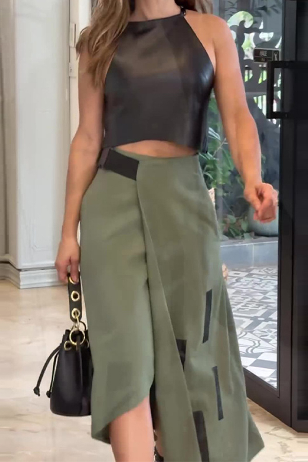 Stylish Cropped Sleeveless Top and Pockets Irregular Hem Skirt Set-consonak