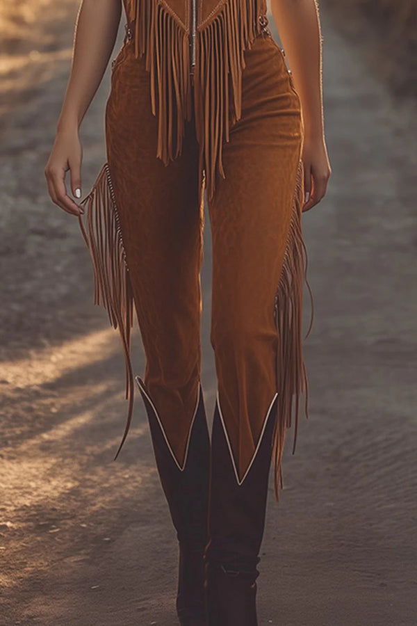 Fashionable Suede Sleeveless Zippered Slim-fit Tassel Casual Jumpsuit-consonak