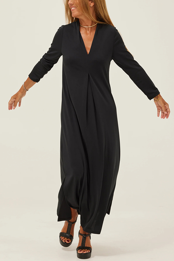 Solid Color V-neck Casual Slit Maxi Dress-consonak