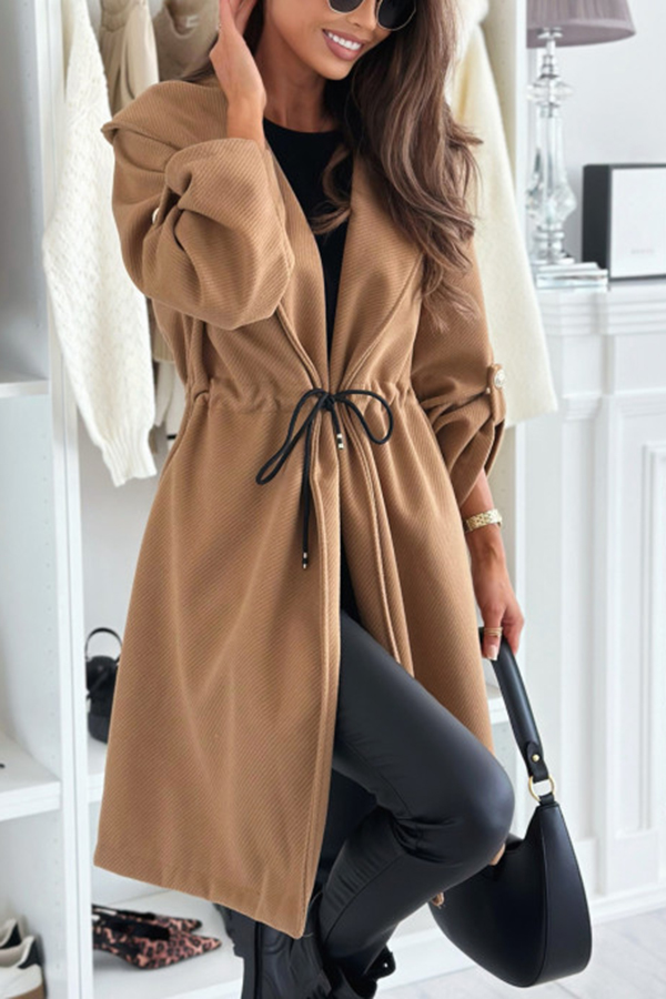 Effortless and Warm Textured Fabric Drawstring Waist Pocket Hooded Midi Coat-consonak