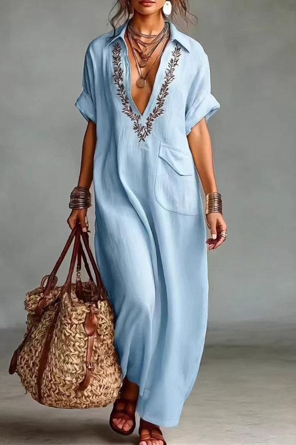 Linen Blend Embroidered V-neck Pocket Casual Loose Maxi Dress