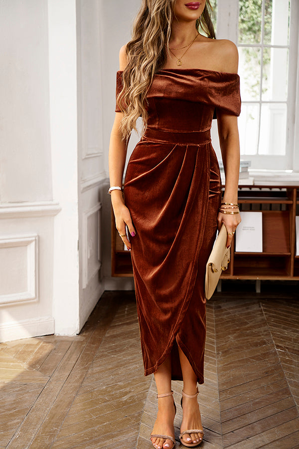 Solid Color Velvet Off-shoulder Slim-fit Elegant Slit Midi Dress-consonak