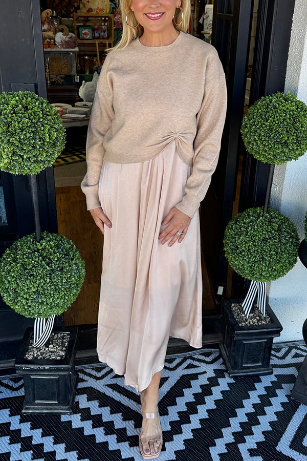 Practical Fashion Knit Ruched Sweater and Satin Stretch Tank Midi Dress Two-piece Set | Consonak