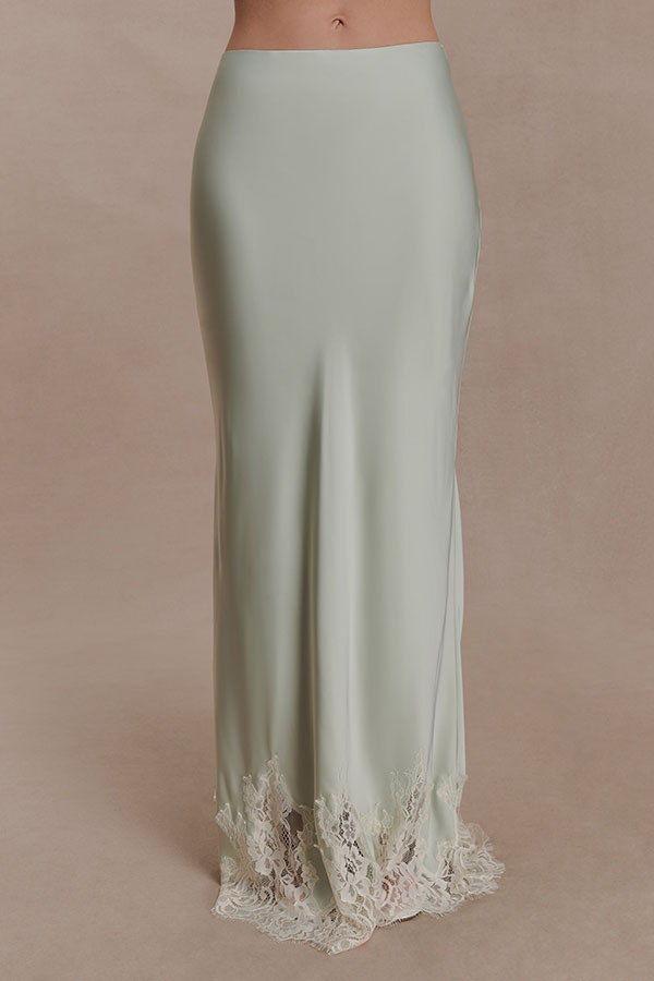 Nina Satin Lace Detail Mid Rise Flare Drape Maxi Skirt-consonak