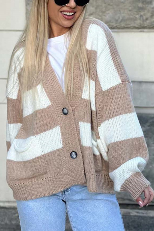 Casual V-neck Long-sleeved Striped Pocket Knitted Cardigan-consonak