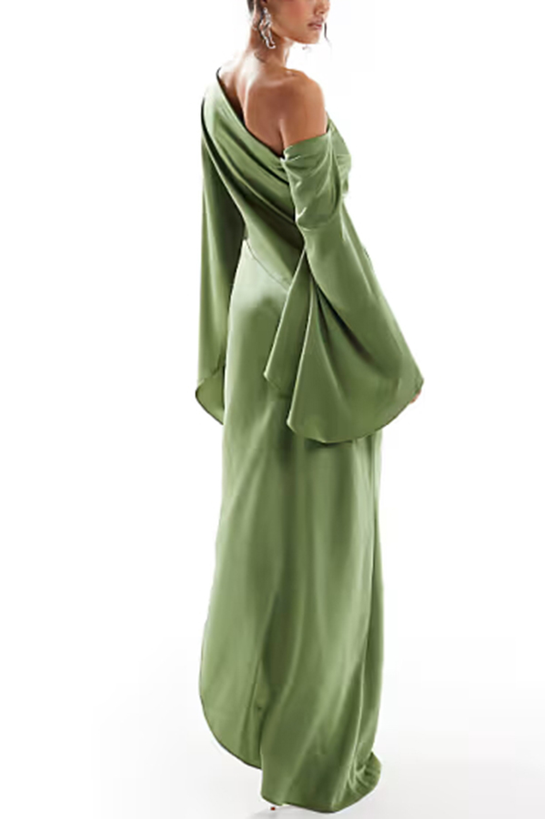 Zayla Satin Asymmetrical One Shoulder Bell Sleeve Slit Maxi Dress-consonak