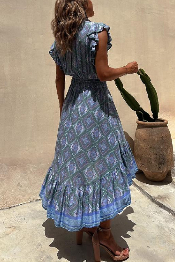 Libby Hippie Boho Printed Tie Front Ruffle Sleeve Smocked Waist Midi Dress-consonak