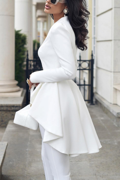 Emmie Stand Collar Ruffle High Low Hem Blazer and High Rise Stretch Pencil Pants-consonak