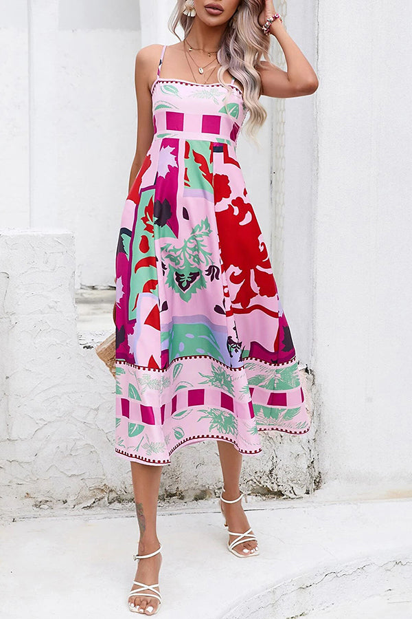 Tea Party Vibes Unique Print Pocketed Smocked Back Midi Dress-consonak