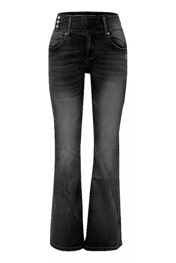 Vintage Side Button Pocket Mid-rise Flared Jeans-consonak