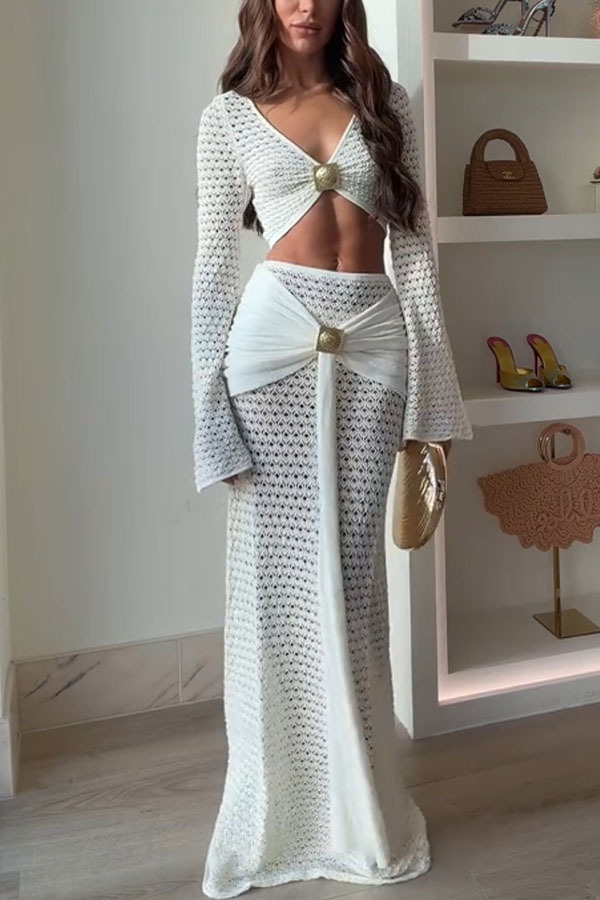 Mania Knit Hardware Detail Bell Sleeve Crop Top and Gathered Overlay Sash Stretch Maxi Skirt Set-consonak