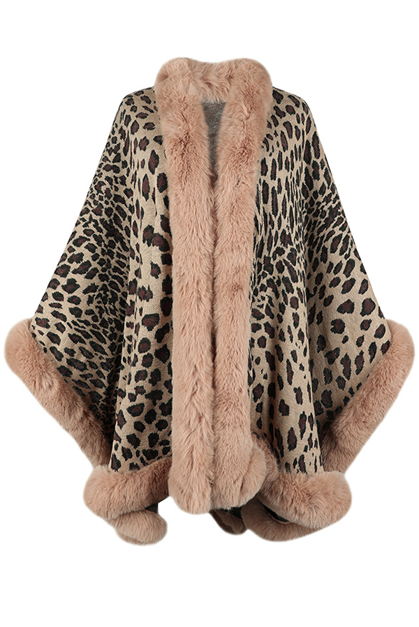 Leopard Print Fashionable Raw Edge Shawl Cape Cardigan-consonak