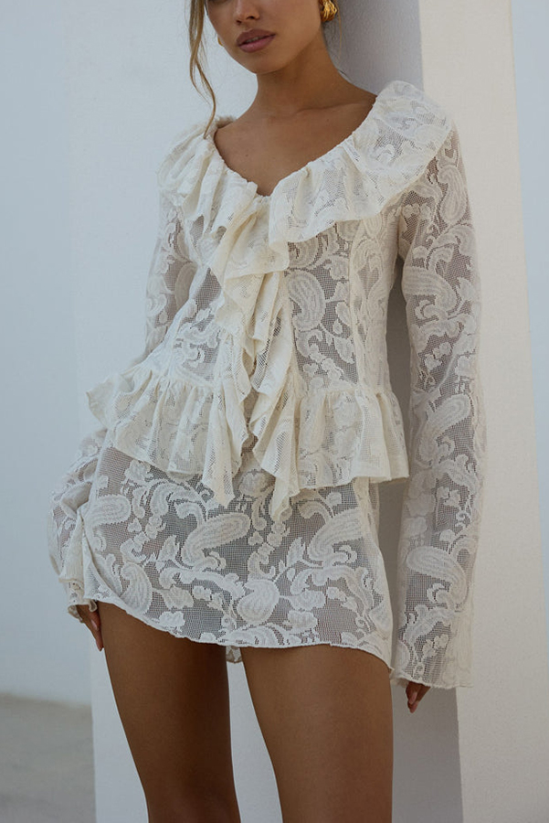 Feel Fabulous Ruffle Lace Long Sleeve Blouse and Mid Rise Elastic Waist Mini Skirt Set-consonak