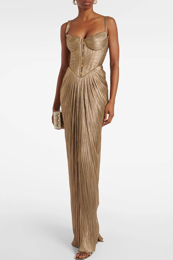 Vegas Queen Metallic Pleated Sculpted Bodice Back Lace-up Drape Maxi Dress-consonak