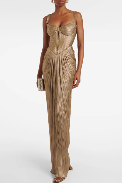 Vegas Queen Metallic Pleated Sculpted Bodice Back Lace-up Drape Maxi Dress-consonak