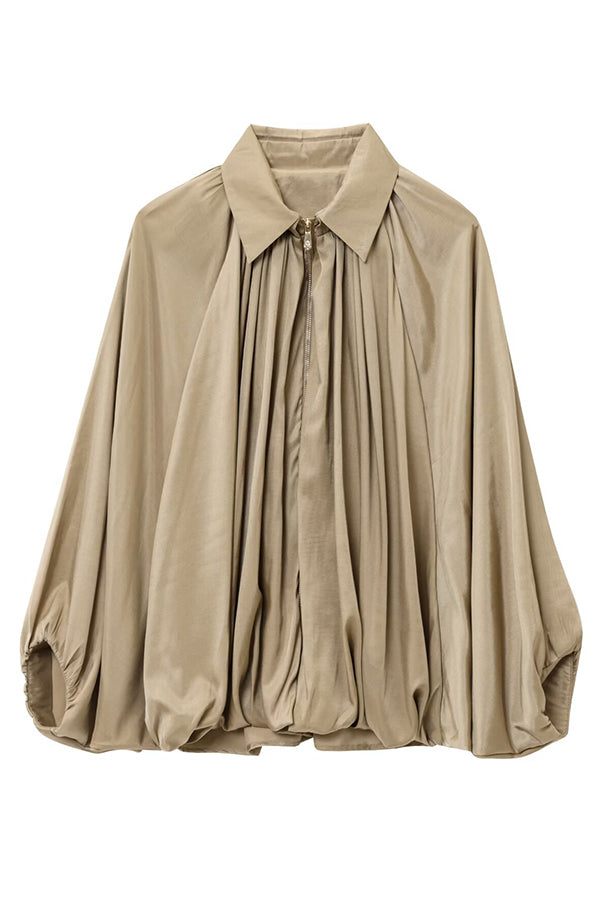 Fashion Lapel Loose Puff Long Sleeve Casual Zipper Jacket-consonak