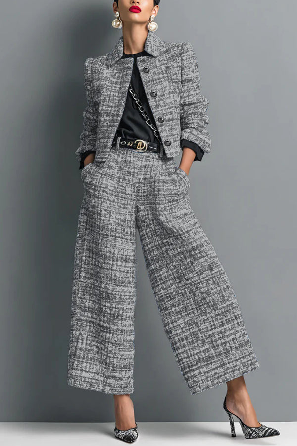 Stylish Long-sleeved Single-breasted Short Jacket and Casual Pocket Wide-leg Pants Sets-consonak
